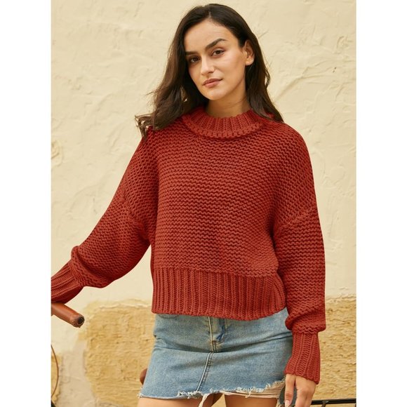 Women's Crewneck Chunky Knit Batwing Long Sleeve Loose Pullover Sweaters Tops - Picture 2 of 6